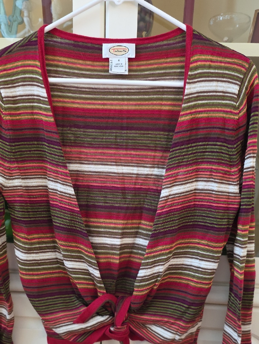 Talbots Burgundy, Olive & Cream Striped Tie-Front Cardigan